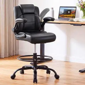 Pu Leather Drafting Chair,Tall Office Chair for Standing Desk with Footring,Counter Height Adjustable High Office Chair with Flip-up Armrests for Home,Drawing Pu Leather Drafting Chair,Tall Office Chair for Standing Desk with Footring,Counter Height Adjustable High Office Chair with Flip-up Armrests for Home,Drawing