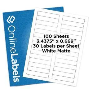 OnlineLabels 3.4375" x 0.669" File Folder Labels - White Matte - 100 Sheets | Permanent Adhesive, Blank Rectangle Labels, Inkjet & Laser Compatible, Ideal for File Folders & Jar Seals OnlineLabels 3.4375" x 0.669" File Folder Labels - White Matte - 100 Sheets | Permanent Adhesive, Blank Rectangle Labels, Inkjet & Laser Compatible, Ideal for File Folders & Jar Seals