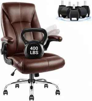Big and Tall Office Chair for Heavy People, 400LBS High Back Extra Wide Executive PU Leather Office Chair with Flip-Up Armrests, Smooth Caster Wheels, Comfortable Home Office Desk Chair (Brown) Big and Tall Office Chair for Heavy People, 400LBS High Back Extra Wide Executive PU Leather Office Chair with Flip-Up Armrests, Smooth Caster Wheels, Comfortable Home Office Desk Chair (Brown)