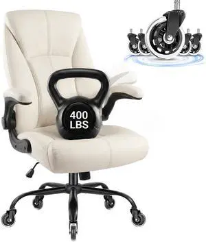 Big and Tall Office Chair for Heavy People, 400LBS High Back Extra Wide Executive PU Leather Office Chair with Flip-Up Armrests, Quiet Rubber Wheels, Comfortable Home Office Desk Chair (White) Big and Tall Office Chair for Heavy People, 400LBS High Back Extra Wide Executive PU Leather Office Chair with Flip-Up Armrests, Quiet Rubber Wheels, Comfortable Home Office Desk Chair (White)