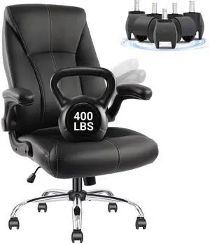 Big and Tall Office Chair for Heavy People, 400LBS High Back Extra Wide Executive PU Leather Office Chair with Flip-Up Armrests, Smooth Caster Wheels, Comfortable Home Office Desk Chair (Black) Big and Tall Office Chair for Heavy People, 400LBS High Back Extra Wide Executive PU Leather Office Chair with Flip-Up Armrests, Smooth Caster Wheels, Comfortable Home Office Desk Chair (Black)
