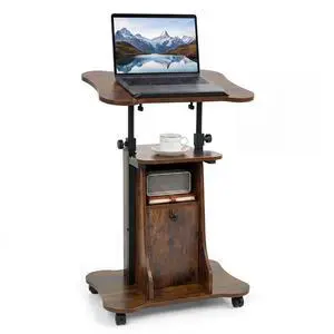 Mobile Podium Stand, Height Adjustable Laptop Computer Cart w/Tilting Top, Storage Cabinet & Lockable Wheels, Church Classroom Lecture, Sit-to-Stand Desk for Home Office (Rustic Brown,1) Mobile Podium Stand, Height Adjustable Laptop Computer Cart w/Tilting Top, Storage Cabinet & Lockable Wheels, Church Classroom Lecture, Sit-to-Stand Desk for Home Office (Rustic Brown,1)
