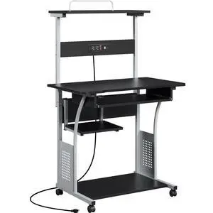 Rolling Computer Desk with Charging Station and 2 USB Ports for Small Space, Study Writing Desk with Keyboard Tray and Printer Shelf for Home Office, Compact Study Table with Wheels, Black Rolling Computer Desk with Charging Station and 2 USB Ports for Small Space, Study Writing Desk with Keyboard Tray and Printer Shelf for Home Office, Compact Study Table with Wheels, Black