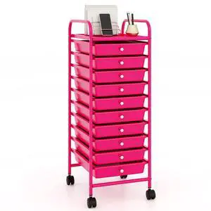 10 Drawer Rolling Cart - Slim Storage Cart w/Lockable Wheels for Classroom School Teacher Office, Art Supplies Paper Scrapbook Craft Organizers, Utility Cart with Drawers (Pink) 10 Drawer Rolling Cart - Slim Storage Cart w/Lockable Wheels for Classroom School Teacher Office, Art Supplies Paper Scrapbook Craft Organizers, Utility Cart with Drawers (Pink)