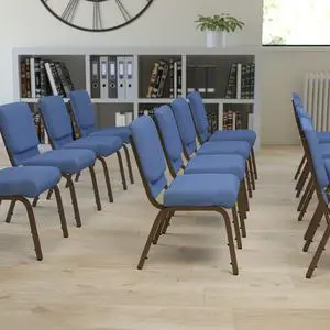 Blue Fabric 21" W Stacking Church Chair | Gold Vein Frame, Fabric Upholstery Blue Fabric 21" W Stacking Church Chair | Gold Vein Frame, Fabric Upholstery