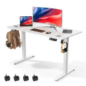 48 x 24 Inch Electric Standing Desk with 4 Wheels, Height Adjustable Desk for Home Office, Sit Stand Desk with 4 Memory Presets, Headphone Hooks and Cable Clips, Splice Board White 48 x 24 Inch Electric Standing Desk with 4 Wheels, Height Adjustable Desk for Home Office, Sit Stand Desk with 4 Memory Presets, Headphone Hooks and Cable Clips, Splice Board White