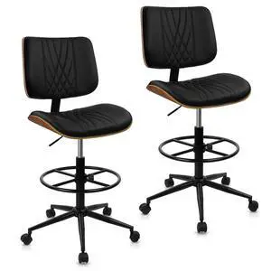 Drafting Chair for Standing Desk, PU Leather Armless Tall Office Chairs with Adjustable Footrest Ring, Extended Height Ergonomic High Swivel Computer Chair with Bend Wood Backrest, Black, 2PK Drafting Chair for Standing Desk, PU Leather Armless Tall Office Chairs with Adjustable Footrest Ring, Extended Height Ergonomic High Swivel Computer Chair with Bend Wood Backrest, Black, 2PK