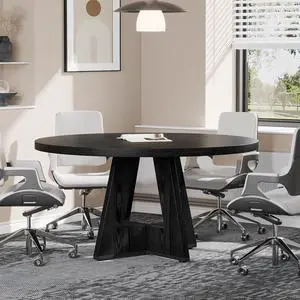 47-Inch Round Conference Table for 4-6 People, Wooden Meeting Room Table with Thicken Tabletop and Wood Base (Black) 47-Inch Round Conference Table for 4-6 People, Wooden Meeting Room Table with Thicken Tabletop and Wood Base (Black)