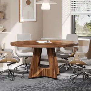 47-Inch Round Conference Table for 4-6 People, Wooden Meeting Room Table with Thicken Tabletop and Wood Base (Walnut) 47-Inch Round Conference Table for 4-6 People, Wooden Meeting Room Table with Thicken Tabletop and Wood Base (Walnut)