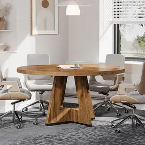 47-Inch Round Conference Table for 4-6 People, Wooden Meeting Room Table with Thicken Tabletop and Wood Base (Wood) 47-Inch Round Conference Table for 4-6 People, Wooden Meeting Room Table with Thicken Tabletop and Wood Base (Wood)