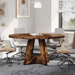 47-Inch Round Conference Table for 4-6 People, Wooden Meeting Room Table with Thicken Tabletop and Wood Base (Dark Brown) 47-Inch Round Conference Table for 4-6 People, Wooden Meeting Room Table with Thicken Tabletop and Wood Base (Dark Brown)