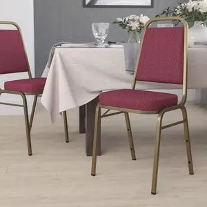 Burgundy Patterned Trapezoidal Back Stacking Banquet Chair | Gold Frame, Fabric Upholstery Burgundy Patterned Trapezoidal Back Stacking Banquet Chair | Gold Frame, Fabric Upholstery