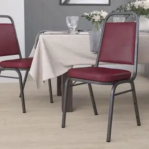 Burgundy Vinyl Trapezoidal Back Stacking Banquet Chair | Silver Vein Frame, Vinyl Upholstery Burgundy Vinyl Trapezoidal Back Stacking Banquet Chair | Silver Vein Frame, Vinyl Upholstery