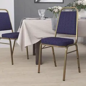 Navy Patterned Trapezoidal Back Stacking Banquet Chair | Gold Frame, Fabric Upholstery Navy Patterned Trapezoidal Back Stacking Banquet Chair | Gold Frame, Fabric Upholstery