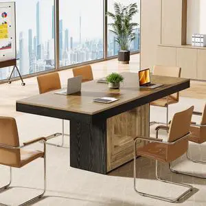 Conference Table, 5 ft Modern Meeting Table for 4-6 People | Large Rectangular Business Furniture with Sturdy Base for Office, Boardroom, Training Seminar (Brown + Black) Conference Table, 5 ft Modern Meeting Table for 4-6 People | Large Rectangular Business Furniture with Sturdy Base for Office, Boardroom, Training Seminar (Brown + Black)