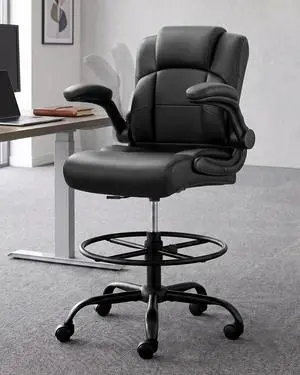 Drafting Chair with Flip-Up Arms, Tall Office Chair for Standing Desk | 500 Lbs, Ergonomic Leather High Desk Chair for Counter Height Desk, Adjustment Foot Ring Height Drafting Chair with Flip-Up Arms, Tall Office Chair for Standing Desk | 500 Lbs, Ergonomic Leather High Desk Chair for Counter Height Desk, Adjustment Foot Ring Height