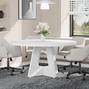 47-Inch Round Conference Table for 4-6 People, Wooden Meeting Room Table with Thicken Tabletop and Wood Base, Modern Meeting Training Desk for Conference Room (White) 47-Inch Round Conference Table for 4-6 People, Wooden Meeting Room Table with Thicken Tabletop and Wood Base, Modern Meeting Training Desk for Conference Room (White)