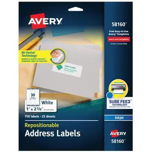 Repositionable Printable Address Labels, Sure Feed Technology, 1" x 2-5/8", White, 750 Blank Mailing Labels (58160) Repositionable Printable Address Labels, Sure Feed Technology, 1" x 2-5/8", White, 750 Blank Mailing Labels (58160)