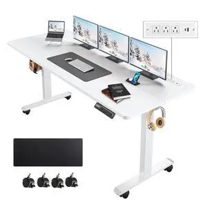 Electric Standing Desk with Power Outlets and USB-C Port, 63 x 24 Inches Adjustable Height Sit Stand Up Desk for Home Office, Adjustable Desk with Memory Preset and Wheels, White Electric Standing Desk with Power Outlets and USB-C Port, 63 x 24 Inches Adjustable Height Sit Stand Up Desk for Home Office, Adjustable Desk with Memory Preset and Wheels, White