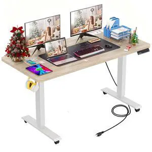 55 x 24inch Electric Standing Desk Adjustable Height with Power Outlets, Stand up Desk with Wheels,Hooks, Mouse Pad, Preset Heights Home Office Gaming Computer Workstations TableOak 55 x 24inch Electric Standing Desk Adjustable Height with Power Outlets, Stand up Desk with Wheels,Hooks, Mouse Pad, Preset Heights Home Office Gaming Computer Workstations TableOak