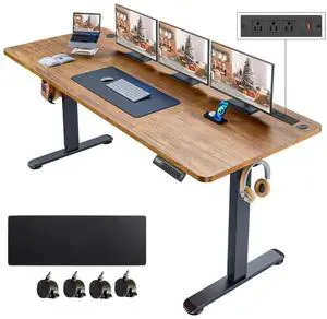 Electric Standing Desk with Power Outlets and USB-C Port, 63 x 24 Inches Adjustable Height Sit Stand Up Desk for Home Office, Adjustable Desk with Memory Preset and Wheels, Brown Electric Standing Desk with Power Outlets and USB-C Port, 63 x 24 Inches Adjustable Height Sit Stand Up Desk for Home Office, Adjustable Desk with Memory Preset and Wheels, Brown