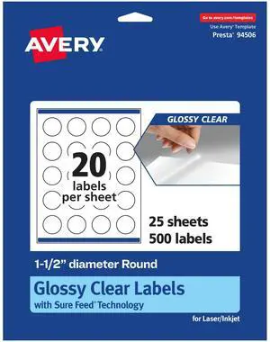 ® Glossy Clear Round Labels, Sure Feed® Technology, 1.5" Diameter, 500 Glossy Clear Labels, Print-to-The-Edge, Laser/Inkjet Printable ® Glossy Clear Round Labels, Sure Feed® Technology, 1.5" Diameter, 500 Glossy Clear Labels, Print-to-The-Edge, Laser/Inkjet Printable