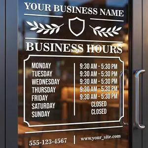 Custom Business Hours Decal Personalized Store Window Sign for Glass Doors | Add Logo Open Closed Company Name Phone Website Days Time Weatherproof Vinyl Easy Install Made in USA Custom Business Hours Decal Personalized Store Window Sign for Glass Doors | Add Logo Open Closed Company Name Phone Website Days Time Weatherproof Vinyl Easy Install Made in USA