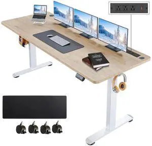 Electric Standing Desk with Power Outlets and USB-C Port, 70 x 27 Inches Adjustable Height Sit Stand Up Desk for Home Office, Adjustable Desk with Memory Preset and Wheels, Oak Electric Standing Desk with Power Outlets and USB-C Port, 70 x 27 Inches Adjustable Height Sit Stand Up Desk for Home Office, Adjustable Desk with Memory Preset and Wheels, Oak