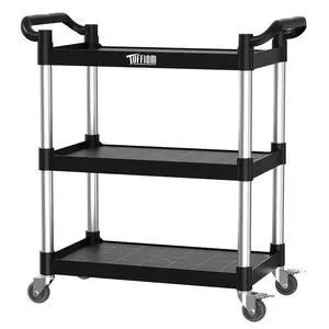 3-Tier Plastic Service Utility Cart with Wheels, Heavy Duty 390lbs Capacity, Commercial Rolling Ideal for Restaurant, Foodservice, Office, Warehouse, Black 24.6''L x 15.8''W x 37.4''H 3-Tier Plastic Service Utility Cart with Wheels, Heavy Duty 390lbs Capacity, Commercial Rolling Ideal for Restaurant, Foodservice, Office, Warehouse, Black 24.6''L x 15.8''W x 37.4''H