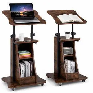 2PCS Sit to Stand Mobile Lectern Podium Stand Rustic Brown | Rolling Laptop Desk Cart with Shelves, Swivel Top, Height Adjustable, for Classroom Concert Church 2PCS Sit to Stand Mobile Lectern Podium Stand Rustic Brown | Rolling Laptop Desk Cart with Shelves, Swivel Top, Height Adjustable, for Classroom Concert Church