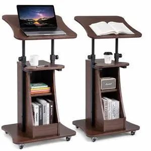2PCS Sit to Stand Mobile Lectern Teacher Podium Stand Brown | Rolling Laptop Desk Cart with Storage Shelves, Casters, Swivel Top, Height Adjustable, for Classroom, Concert, Church 2PCS Sit to Stand Mobile Lectern Teacher Podium Stand Brown | Rolling Laptop Desk Cart with Storage Shelves, Casters, Swivel Top, Height Adjustable, for Classroom, Concert, Church