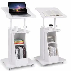 2PCS Sit to Stand Mobile Lectern Teacher Podium Portable Height Adjustable Podium Stand Rolling Laptop Desk Cart with Storage Shelf Swivel Top for Classroom, Concert, Church White 2PCS Sit to Stand Mobile Lectern Teacher Podium Portable Height Adjustable Podium Stand Rolling Laptop Desk Cart with Storage Shelf Swivel Top for Classroom, Concert, Church White