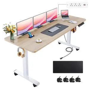 Electric Standing Desk 63 x 24In with Power Outlets, Adjustable Height Stand up Desk with Large Mouse Pad, Double Hooks and 4 Wheels, 27''-46'' Lifting Range, Easy to Set for Home/Office(Oak) Electric Standing Desk 63 x 24In with Power Outlets, Adjustable Height Stand up Desk with Large Mouse Pad, Double Hooks and 4 Wheels, 27''-46'' Lifting Range, Easy to Set for Home/Office(Oak)