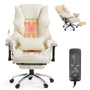 Vibration Massage Heated Office Desk Chair with Foot Rest, Beige | Reclining Backrest,Adjustable Armrest,High Back Leather Desk Chair,Lumbar Support,Home Office,Executive,Ergonomic Vibration Massage Heated Office Desk Chair with Foot Rest, Beige | Reclining Backrest,Adjustable Armrest,High Back Leather Desk Chair,Lumbar Support,Home Office,Executive,Ergonomic