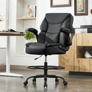 500LBS Drafting Chair, High Back Safer Standing Desk Chair, Executive Tall Office Chair with Flip-up Armrests, Upholstered PU Leather Task Chair, Ergonomic Seat with Adjustable Height&Foot Ring, Black 500LBS Drafting Chair, High Back Safer Standing Desk Chair, Executive Tall Office Chair with Flip-up Armrests, Upholstered PU Leather Task Chair, Ergonomic Seat with Adjustable Height&Foot Ring, Black