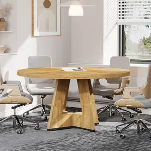 47-Inch Round Conference Table for 4-6 People, Wooden Meeting Room Table with Thicken Tabletop and Wood Base (Natural) 47-Inch Round Conference Table for 4-6 People, Wooden Meeting Room Table with Thicken Tabletop and Wood Base (Natural)