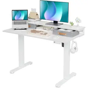 Electric Standing Desk with 2 Drawers, 48 Inch, White | Adjustable height desk with 2 drawers, open cubicle, monitor shelf, cable management, built-in hooks for home office Electric Standing Desk with 2 Drawers, 48 Inch, White | Adjustable height desk with 2 drawers, open cubicle, monitor shelf, cable management, built-in hooks for home office
