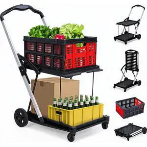 Heavy Duty 2-Tier Collapsible Garden Cart Lightweight Aluminum Frame 360° Swivel Wheels Removable Crate for Groceries, Office, Apartment, Travel 198 lbs Capacity, Red Heavy Duty 2-Tier Collapsible Garden Cart Lightweight Aluminum Frame 360° Swivel Wheels Removable Crate for Groceries, Office, Apartment, Travel 198 lbs Capacity, Red