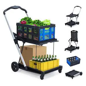 Heavy Duty 2-Tier Collapsible Garden Cart Lightweight Aluminum-PP Frame 360° Swivel Wheels Removable Crate for Market, Office, Travel, Home 198 lbs Capacity, Blue Heavy Duty 2-Tier Collapsible Garden Cart Lightweight Aluminum-PP Frame 360° Swivel Wheels Removable Crate for Market, Office, Travel, Home 198 lbs Capacity, Blue