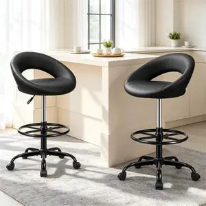 Ergonomic Drafting Chair for Standing Desk Black, 2 Pack | Height Adjustable Tall Rolling Stool with Foot Rest, Back Support & PU Leather, Home Office Kitchen Counter Salon Ergonomic Drafting Chair for Standing Desk Black, 2 Pack | Height Adjustable Tall Rolling Stool with Foot Rest, Back Support & PU Leather, Home Office Kitchen Counter Salon
