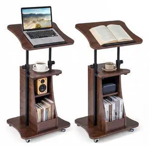 Sit-to-Stand Mobile Podium Stand, Height Adjustable Rolling Lectern Desk w/Tilting Tabletop, Storage Shelves & Lockable Casters, Laptop Computer Cart for Office Classroom (Brown,2) Sit-to-Stand Mobile Podium Stand, Height Adjustable Rolling Lectern Desk w/Tilting Tabletop, Storage Shelves & Lockable Casters, Laptop Computer Cart for Office Classroom (Brown,2)