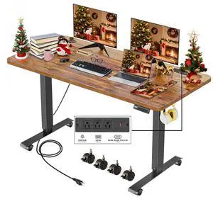 Electric Adjustable Height Standing Desk, 55×24 Inches Sit Stand Desk with Power Socket, 2 USB Ports, 3 Power Outlets, 4 Wheels,4 Memory Buttons Home Office Computer Workstations (Brown) Electric Adjustable Height Standing Desk, 55×24 Inches Sit Stand Desk with Power Socket, 2 USB Ports, 3 Power Outlets, 4 Wheels,4 Memory Buttons Home Office Computer Workstations (Brown)