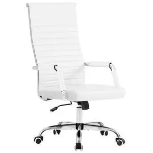 Ribbed Office Chair High Back PU Leather Executive Conference Chair Adjustable Swivel Chair with Arms (White) Ribbed Office Chair High Back PU Leather Executive Conference Chair Adjustable Swivel Chair with Arms (White)