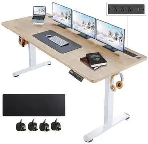 Electric Standing Desk with Power Outlets and USB-C Port, 63 x 24 Inches Adjustable Height Sit Stand Up Desk for Home Office, Adjustable Desk with Memory Preset and Wheels, Oak Electric Standing Desk with Power Outlets and USB-C Port, 63 x 24 Inches Adjustable Height Sit Stand Up Desk for Home Office, Adjustable Desk with Memory Preset and Wheels, Oak