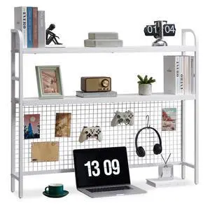 Desk Shelf, 45.3 Desktop Organizer Shelf with Grid Panel and Hooks, Desk Hutch for Computer Monitor, 2 Tier Desk Display Rack Wood Desktop Bookshelf Storage for Home Office Dorm Desk Shelf, 45.3 Desktop Organizer Shelf with Grid Panel and Hooks, Desk Hutch for Computer Monitor, 2 Tier Desk Display Rack Wood Desktop Bookshelf Storage for Home Office Dorm