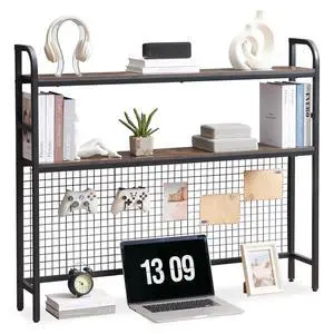 Desk Shelf, 45.3 Desktop Organizer Shelf with Grid Panel and Hooks, Desk Hutch for Computer Monitor, 2 Tier Desk Display Rack Wood Desktop Bookshelf Storage for Home Office Dorm Desk Shelf, 45.3 Desktop Organizer Shelf with Grid Panel and Hooks, Desk Hutch for Computer Monitor, 2 Tier Desk Display Rack Wood Desktop Bookshelf Storage for Home Office Dorm