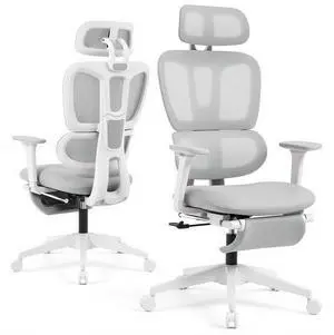 Ergonomic Office Chair with Footrest and Dynamic Lumbar Support, Grey | Reclining high-back computer chair, memory foam seat, 2D armrests, 2D headrest, mesh desk chair for home office, long hours Ergonomic Office Chair with Footrest and Dynamic Lumbar Support, Grey | Reclining high-back computer chair, memory foam seat, 2D armrests, 2D headrest, mesh desk chair for home office, long hours