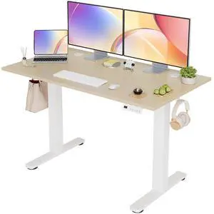 Electric Standing Desk Adjustable Height, 48 x 24 Inch Sit Stand Desk with T-Shaped Frame, 3 Memory Presets & Cable Management for Home Office Computer Workstation, White Frame/Nature Top Electric Standing Desk Adjustable Height, 48 x 24 Inch Sit Stand Desk with T-Shaped Frame, 3 Memory Presets & Cable Management for Home Office Computer Workstation, White Frame/Nature Top