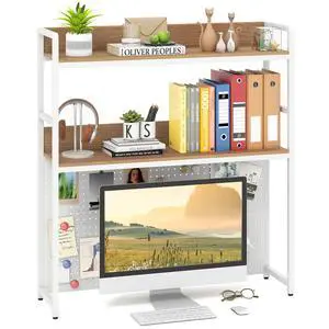 Desktop Bookshelf, 2-Tier Desk Hutch Dorm with Pegboard for up to 32" Computer Monitor, Industrial Countertop Storage Organizer Rack, Desk Shelf for Home Office (Natural) Desktop Bookshelf, 2-Tier Desk Hutch Dorm with Pegboard for up to 32" Computer Monitor, Industrial Countertop Storage Organizer Rack, Desk Shelf for Home Office (Natural)