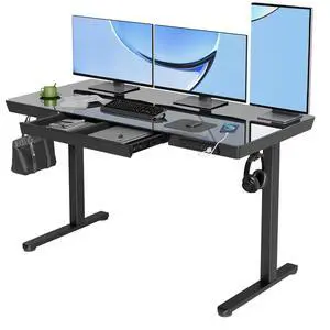 Glass Standing Desk with Drawers, 55x24 Inch, Black | Quick Install, Whole-Piece Glass Top, USB ports and a Type-C port, Buil in Drawers, Writable Glass Top, 2 Hooks Glass Standing Desk with Drawers, 55x24 Inch, Black | Quick Install, Whole-Piece Glass Top, USB ports and a Type-C port, Buil in Drawers, Writable Glass Top, 2 Hooks